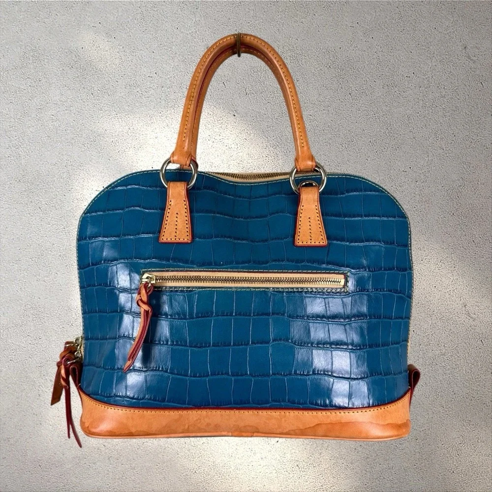 Dooney & Bourke Marine Blue Embossed Croc Leather Dome Satchel Bag